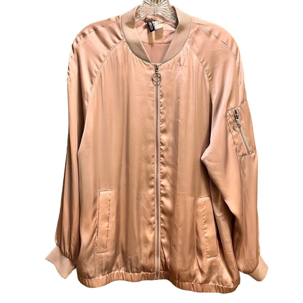 H & M Divided Pink Satin Bomber Jacket Zip Front Long Sleeve Size 12